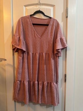 SHEIN Curve Plus Dusty Rose Swiss Dot Tiered V-Neck Dress